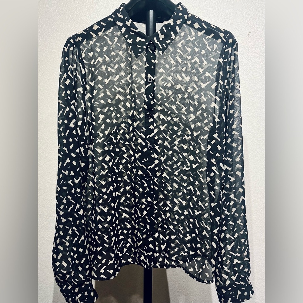 I Love H81 Black & White Geometric Patterned Sheer Blouse Top - Size L (Women’s)